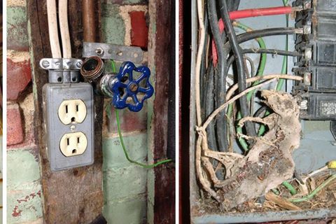 Collage: Holzhaus, offen gelegte Steckdose