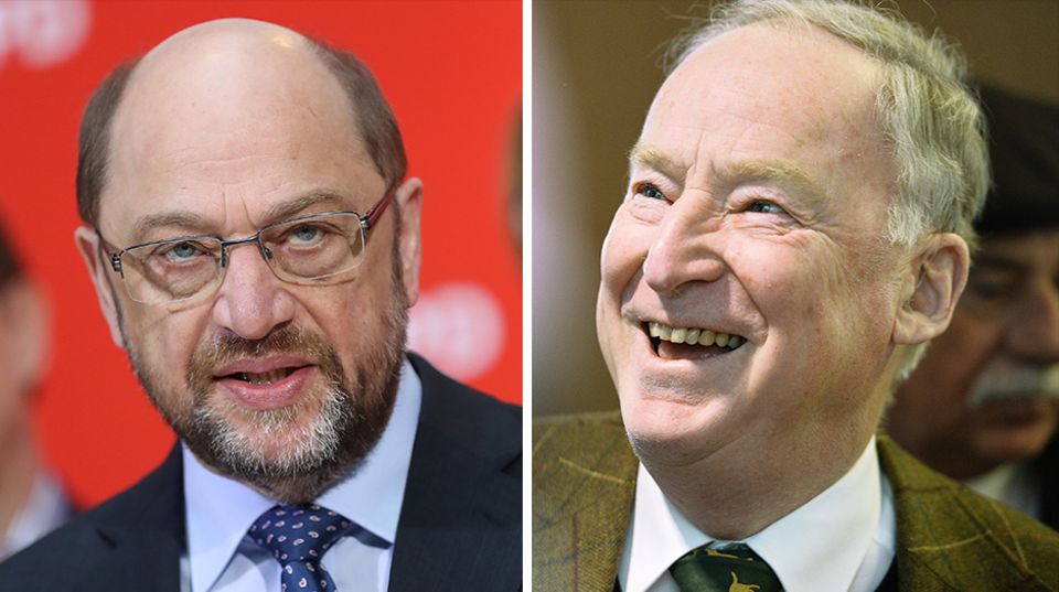 Für SPD-Kanzlerkanditat Martin Schulz (l.) ist die jüngste Umfrage ein Desaster, AfD-Spitzenkandidat Alexander Gauland dagegen hofft auf ein Traumergebnis bei der Bundestagswahl am Sonntag.