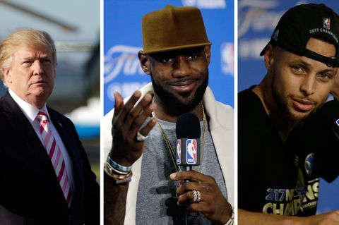 US-Präsident Donald Trump (l.) und die beiden NBA-Profis LeBron James (Mitte) und Stephen Curry