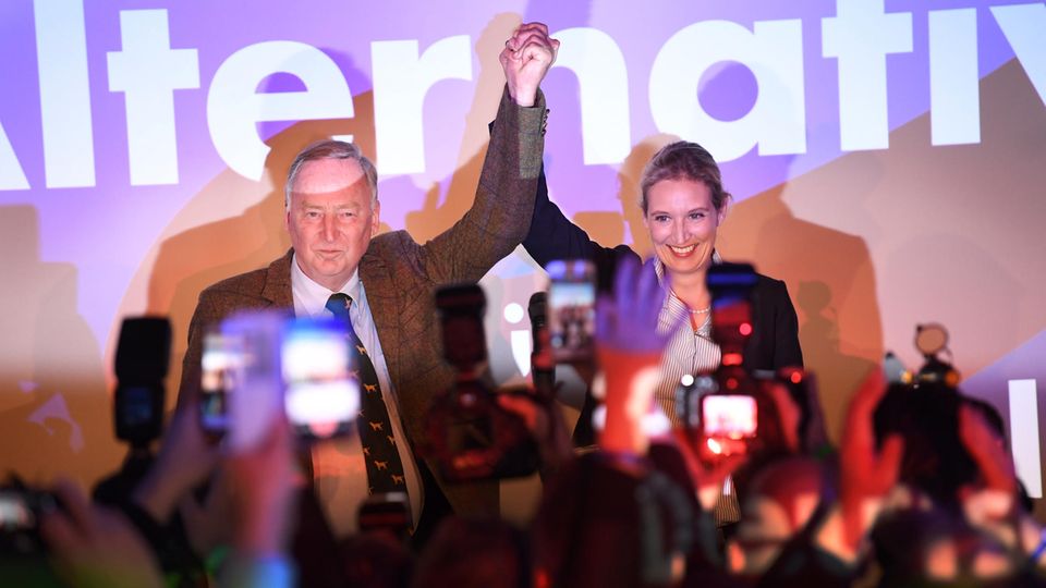 Recht erfreut: Die AfD-Spitzenkandidaten Alexander Gauland und Alice Weidel bejubeln ihren Einzug in den Bundestag.