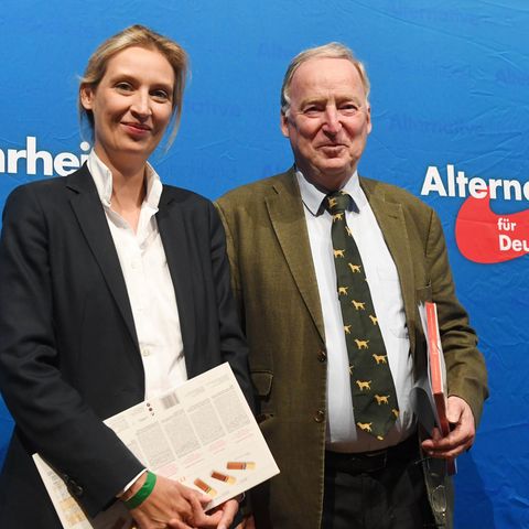 Die AfD-Fraktionsvorsitzenden Alice Weidel und Alexander Gauland mit freundlichem Gesicht vor blauer Wand