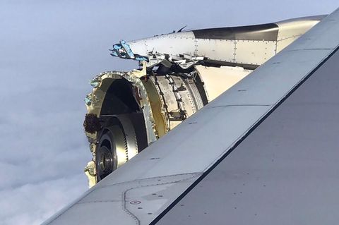 Triebwerk Nummer 4 des Airbus A380 von Air France: Beim GP7000-Antrieb des Herstellers Engine Alliance fehlt komplett der vordere Teil.