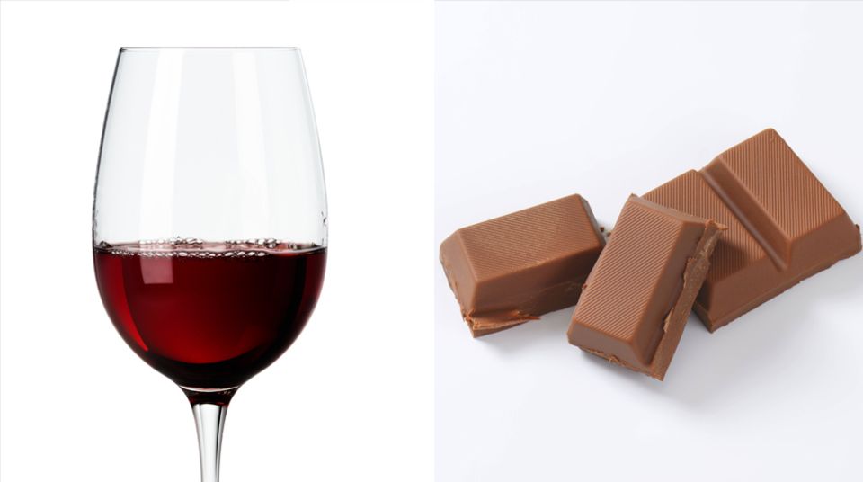 Red wine 125 milliliters of red wine with an alcohol content of 13% by volume bring it to around 101 kilocalories.  The same amount is also in a bar of milk chocolate (107 kilocalories). 