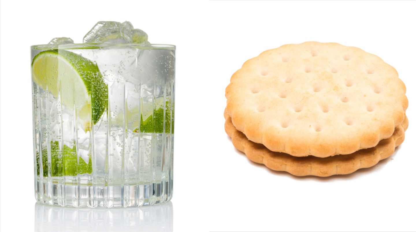 Gin Tonic  Der Longdrink besteht aus drei Zutaten: Gin, Tonic Water und etwas Limette. Vernachlässigt man nun den Kaloriengehalt der Limette und rechnet auf ein Cocktailglas 20 Milliliter Gin (45 Kilokalorien) und 230 Milliliter Tonic Water (78 Kilokalorien), ergibt das eine Gesamtmenge von 123 Kilokalorien. Diese Menge entspricht dem Kaloriengehalt eines Doppelkekses mit Schokoladenfüllung (117 Kilokalorien).