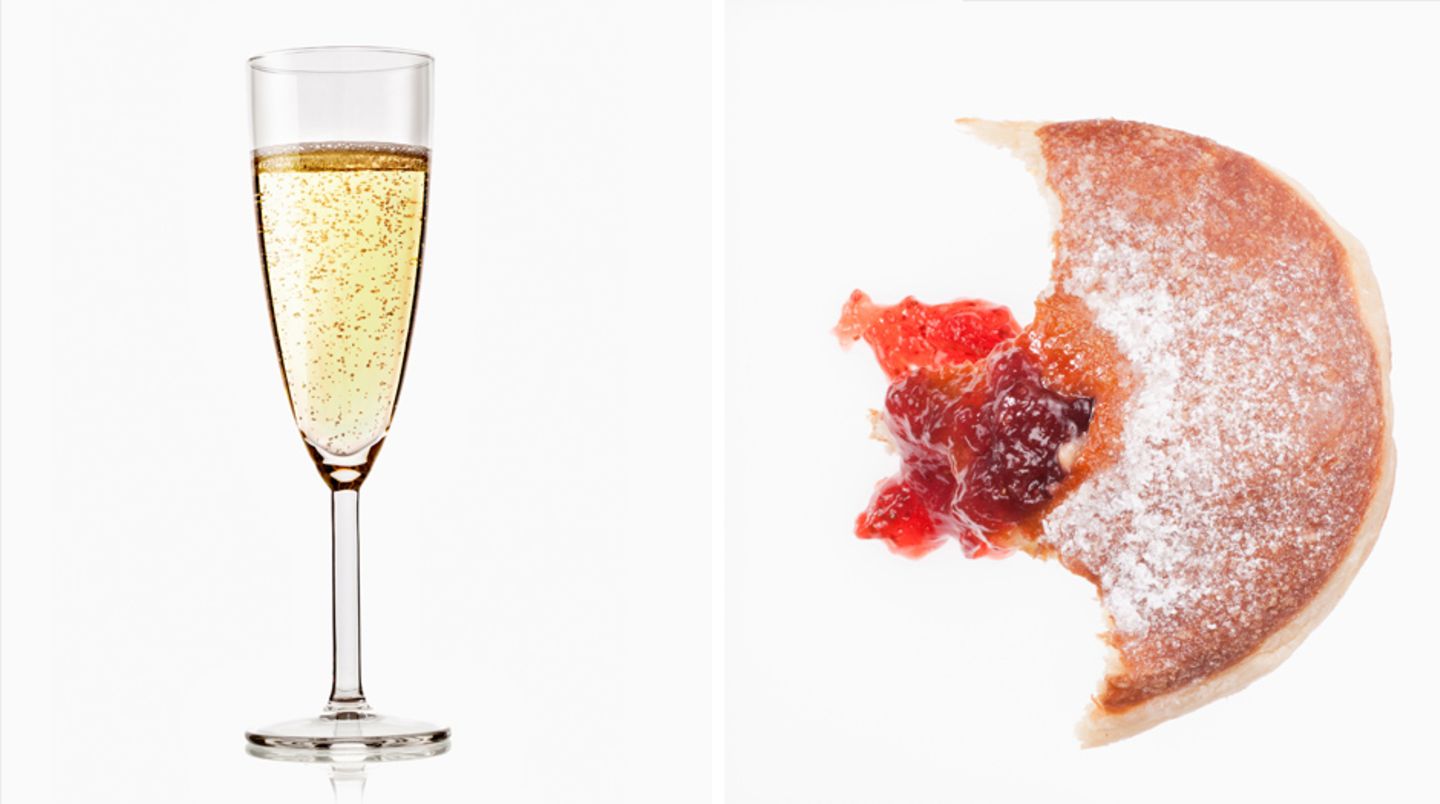 Sekt  Klein, aber oho: Ein einzelnes Glas Sekt (100 Millilter) bringt es auf 102 Kilokalorien. Das entspricht in etwa der Menge eines halben Berliners (95 Kilokalorien).