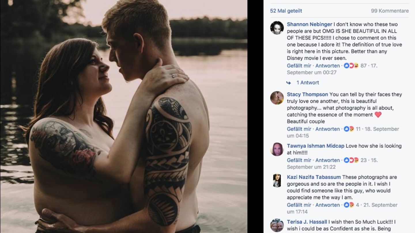 Ein Paar hält sich bei einem romantischem Pärchen-Shooting am See in den Armen.
