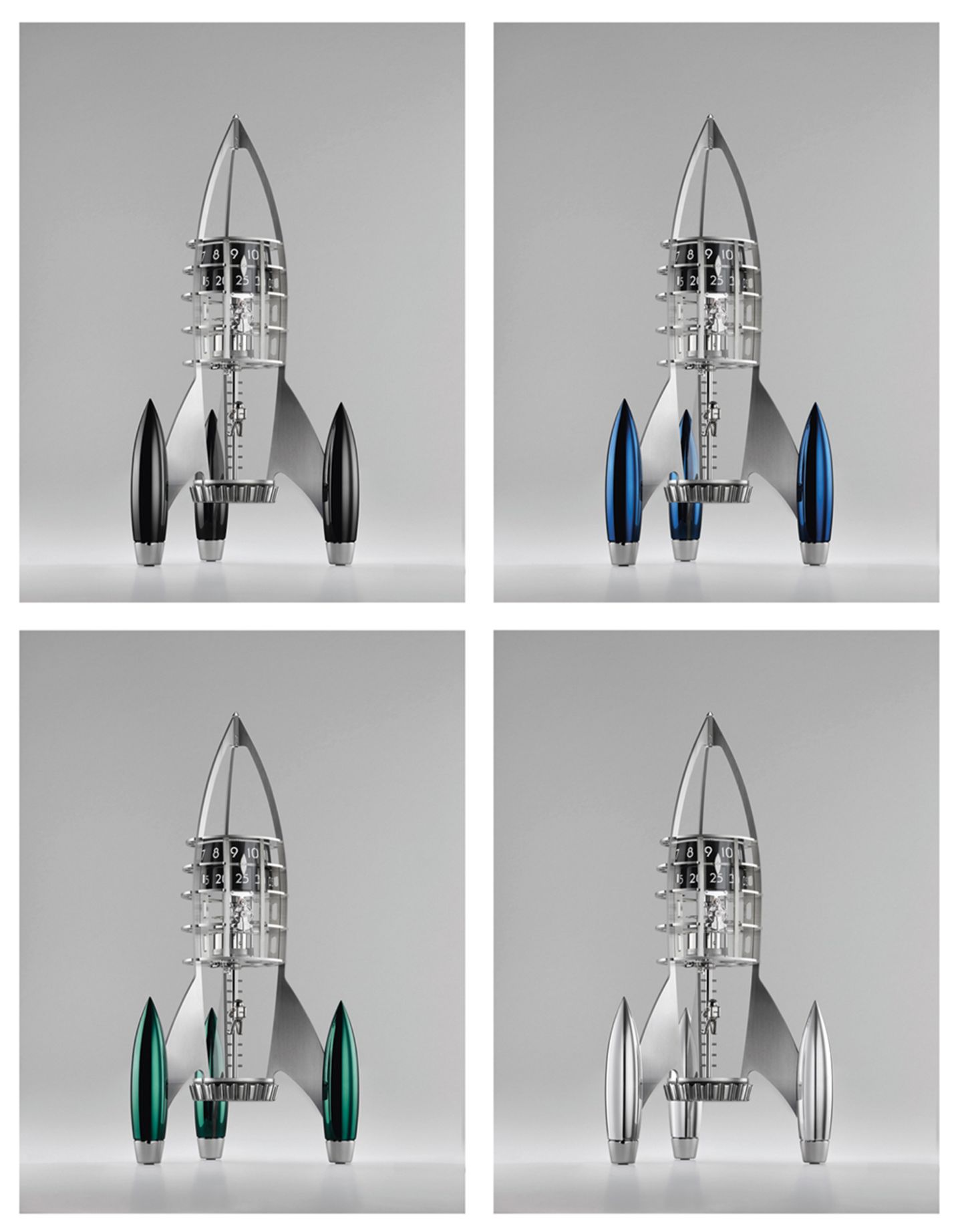 Bei "Destination Moon" handelt es sich um eine extravagante Tischuhr von MB&F/L'Epée 1839. Die Wohnzimmerrakete ist 40 Zentimeter hoch und vier Kilogramm schwer, das Uhrwerk besteht aus 164 Komponenten.