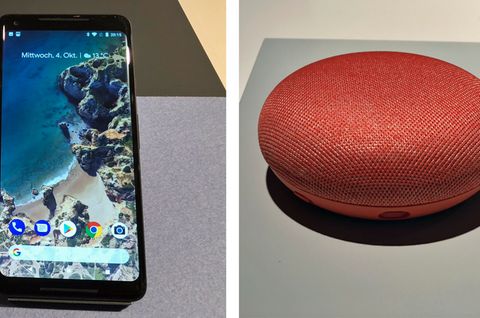 Google Pixel 2 XL und Home Mini auf einem Tisch