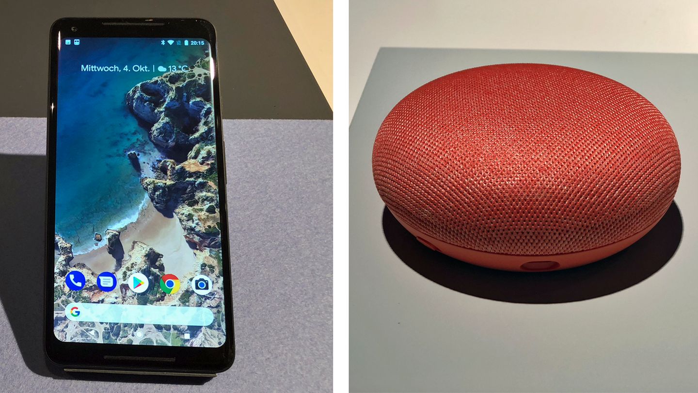 Google Pixel 2 XL und Home Mini auf einem Tisch