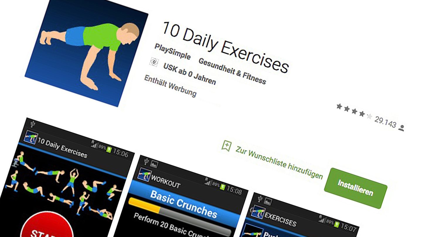 10 Daily Exercises  Auf das selbe Prinzip setzt auch diese App: Zehn Übungen am Tag, dafür sollte sich schon Zeit finden. Ausrüstung ist nicht von Nöten. Die App setzt auf die Klassiker, wie Liegestütze, Kniebeugen oder Situps. Das Design und die Bedienung sind sehr schlicht gehalten. Das Programm dient als Motivationshilfe und Leitfaden.