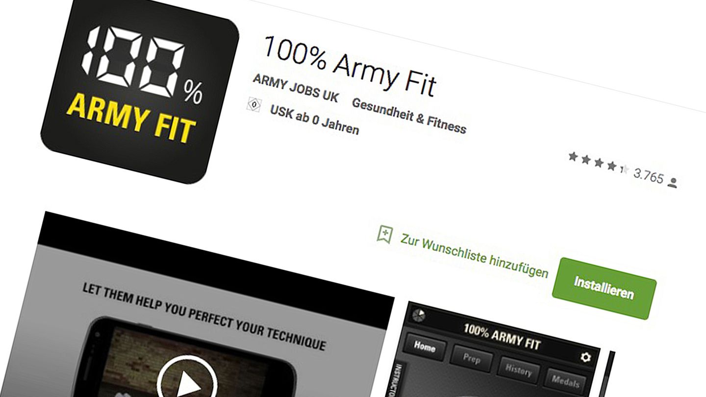100 % Army Fit  Und zum Schluss noch ein Tipp für die absoluten Spezis. Wer nicht nur in Form kommen, sondern gleich auf Armeeniveau fit werden will, dem sei diese App empfohlen. Ziel ist es laut Hersteller, den Nutzer für den Army-Aufnahmetest des britischen Militärs vorzubereiten. Na dann, viel Spaß!