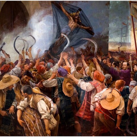 Wütende Landarbeiter ziehen am Fronleichnamstag 1640 durch Barcelona und protestieren gegen die Regierung in Madrid