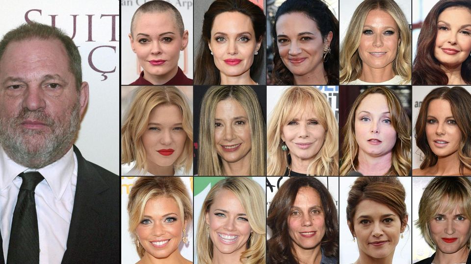 All diese Prominenten wussten von Zudringlichkeiten Weinsteins zu berichten: (oben, von links) Rose McGowan, Angelina Jolie, Asia Argento, Gwyneth Paltrow, Ashley Judd;     (Mitte, von links) Lea Seydoux ,Mira Sorvino ,Rosanna Arquette, Louisette Geiss, Kate Beckinsale;    (unten, von links) Lauren Sivan, Jessica Barth, Elizabeth Karlsen, Emma De Caunes, Judith Godreche