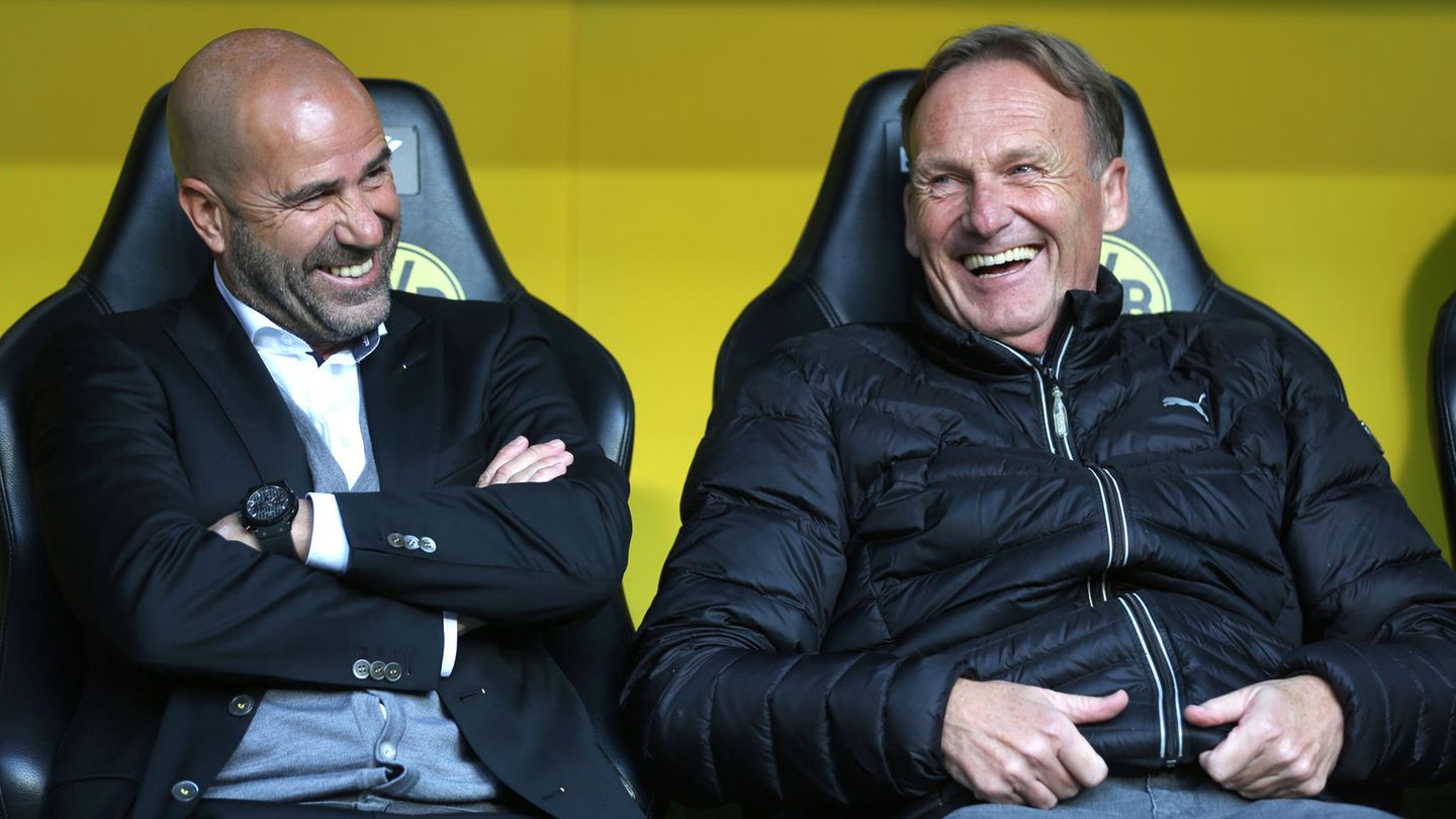 BVB-Trainer Peter Bosz und sein Boss Hans-Joachim Watzke sitzen lachend nebeneinander auf der Dortmunder Bank