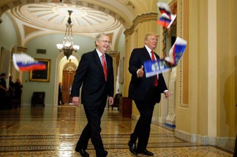 Protestaktion im Kapitol: Aktivist bewirft Trump mit Russland-Flaggen - das steckt dahinter