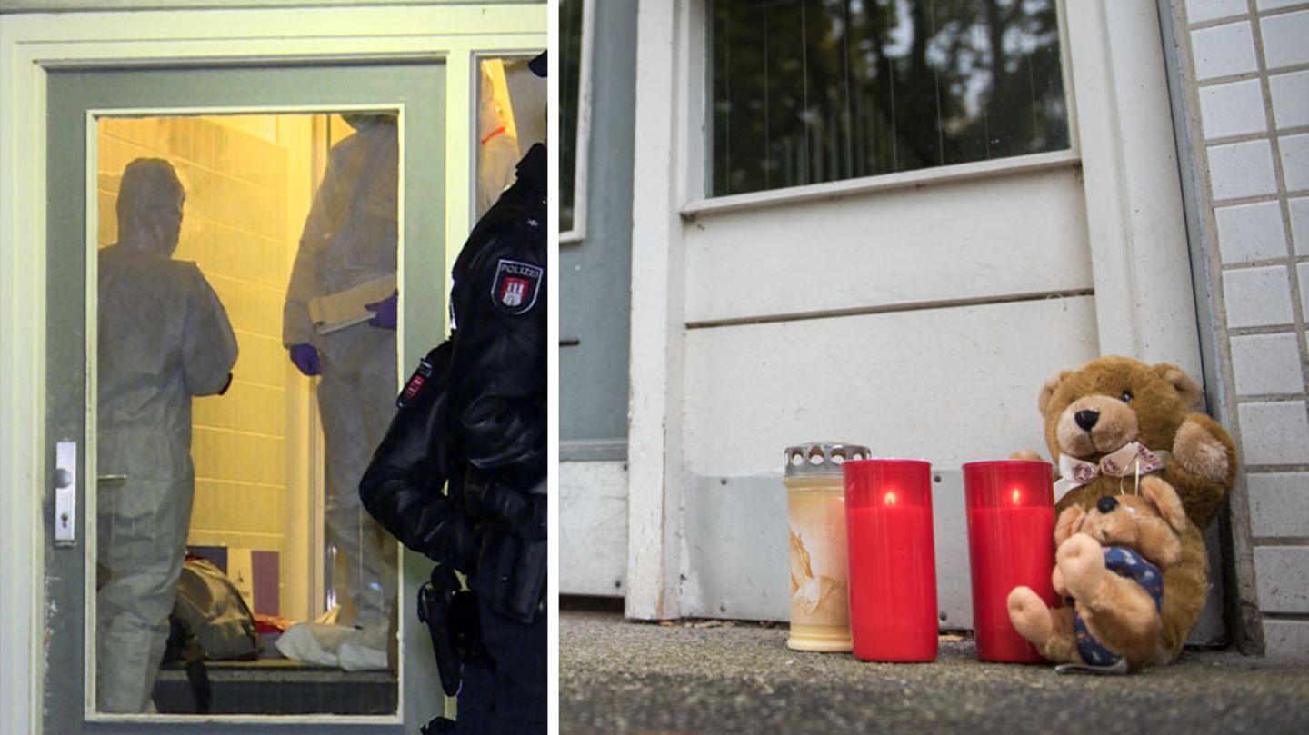 Noch in der Nacht zu Dienstag sicherten Ermittler Spuren, inzwischen stehen Teddybären und Blumen vor dem Mehrfamilienhaus