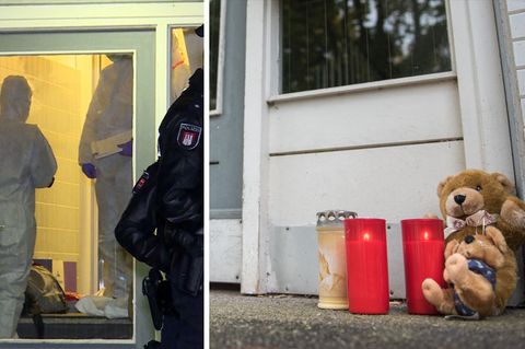 Noch in der Nacht zu Dienstag sicherten Ermittler Spuren, inzwischen stehen Teddybären und Blumen vor dem Mehrfamilienhaus
