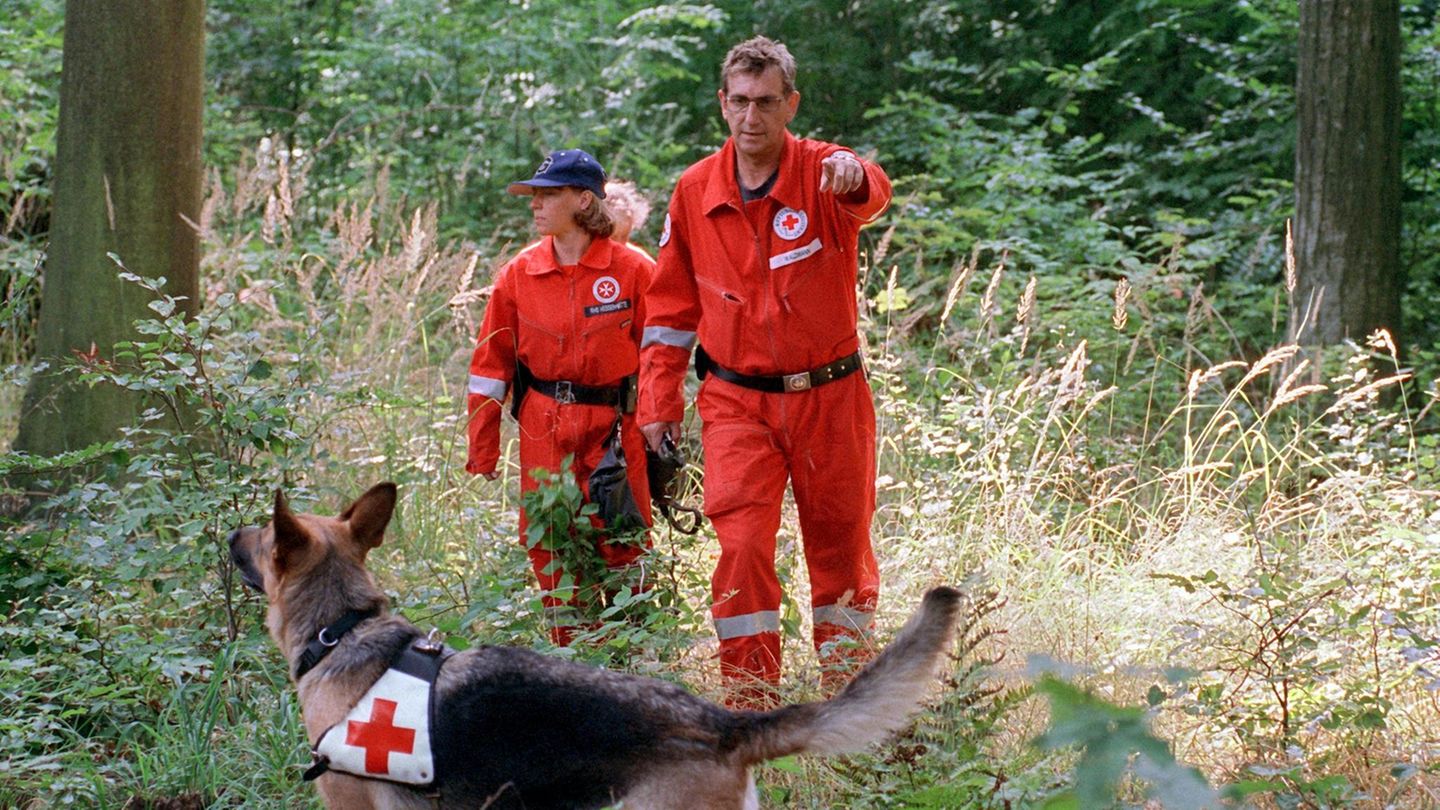 Ein Mann und eine Frau in orangenen Overalls folgen einem Suchhund durch einen Wald
