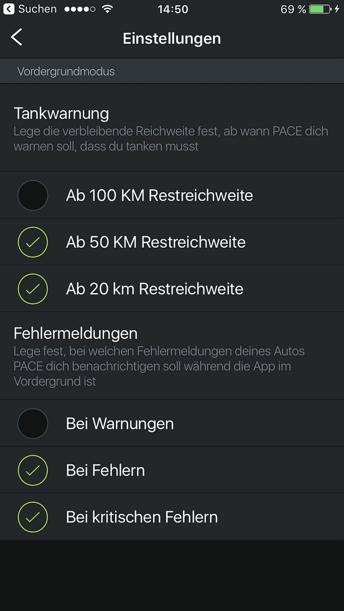 Die Meldungen können vorkonfiguriert werden