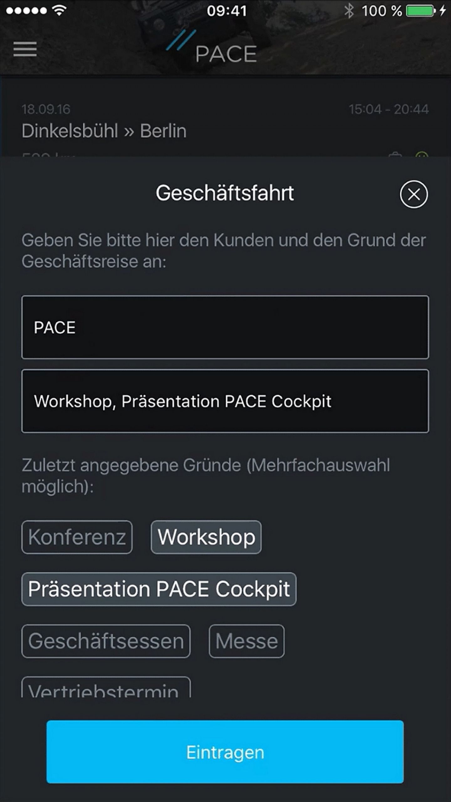 Im Menü kann man den Zweck der Fahrt klassifizieren