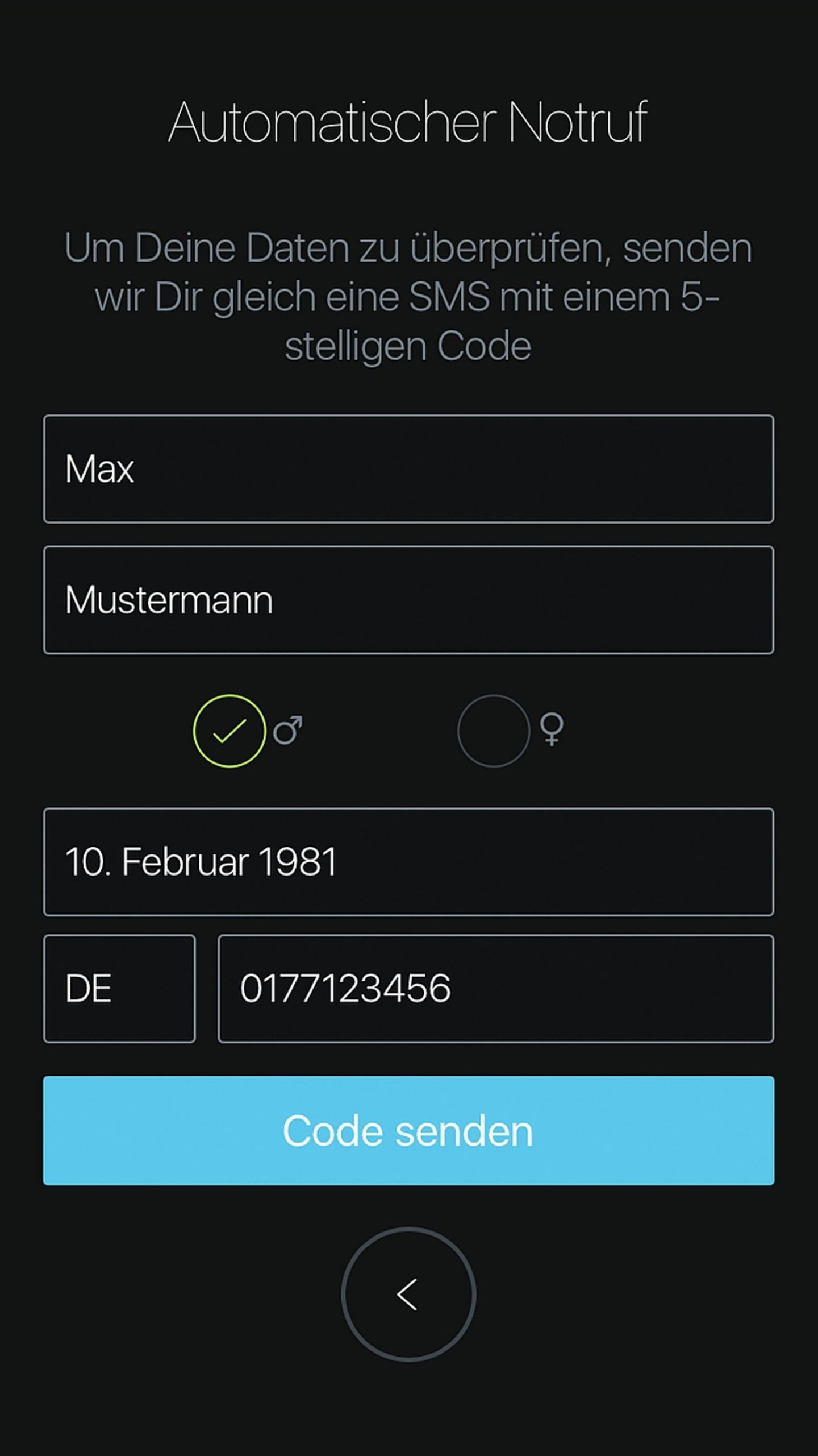 Für den Notruf muss die Mobilfunknummer eingegeben werden