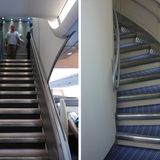 Das besondere an der A380: Das Großraumflugzeug besteht aus zwei durchgehenden Passagierdecks. Im vorderen Teil führt eine Treppe zum Upper Deck mit der Business Class (linkes Bild: Qantas), im Heck eine gebogene Treppe nach oben (rechtes Bild: Singapore Airlines).