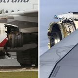 Als größte Zwischenfälle in dem zehnjährigen Dauerbetrieb des Airbus A380 gelten zwei Triebwerks-Probleme: Im November 2010 explodierte vier Minuten nach dem Start in Singapur ein Rolls-Royce-Triebwerk einer Qantas-Maschine (linkes Bild). Trümmerteile durchschlugen die Triebwerksverkleidung und den Flügel. Der Crew gelang jedoch die sichere Landung wieder in Singapur. Ende September 2017 riss bei einem Air-France-Flug von Paris nach Los Angeles am rechten Außentriebwerk der Fan des GP7000-Triebwerks. Über Grönland löste sich die Ummantelung der Turbine (rechtes Bild). In beiden Fällen kam kein Mensch zu Schaden.