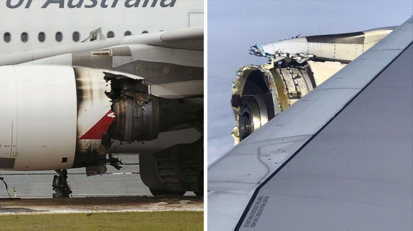 Als größte Zwischenfälle in dem zehnjährigen Dauerbetrieb des Airbus A380 gelten zwei Triebwerks-Probleme: Im November 2010 explodierte vier Minuten nach dem Start in Singapur ein Rolls-Royce-Triebwerk einer Qantas-Maschine (linkes Bild). Trümmerteile durchschlugen die Triebwerksverkleidung und den Flügel. Der Crew gelang jedoch die sichere Landung wieder in Singapur. Ende September 2017 riss bei einem Air-France-Flug von Paris nach Los Angeles am rechten Außentriebwerk der Fan des GP7000-Triebwerks. Über Grönland löste sich die Ummantelung der Turbine (rechtes Bild). In beiden Fällen kam kein Mensch zu Schaden.
