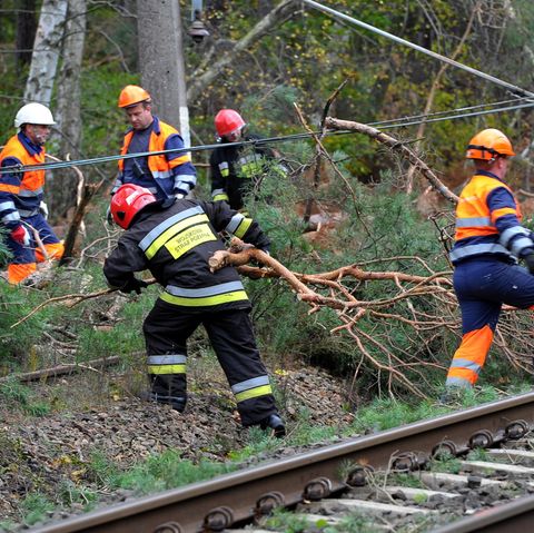 Einsatzkräfte der Feuerwehr räumen nach Sturm "Herwart" Äste von einer Bahnstrecke