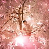 Ein Junge klettert auf einen Baum um Früchte zu pflücken. Er schließt die Augen, weil er vom Sonnenlicht geblendet wird.  Die seltene Erbkrankheit breitete sich nach einem verheerenden Taifun auf dem kleinen Atoll aus. Der König des Inselstaates war Träger des Gens und zählte zu einem der wenigen Überlebenden der Naturkatastrophe.