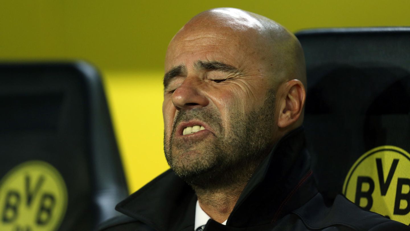Peter Bosz, Trainer von Borussia Dortmund, sitzt auf der BVB-Bank und verzieht leidend das Gesicht