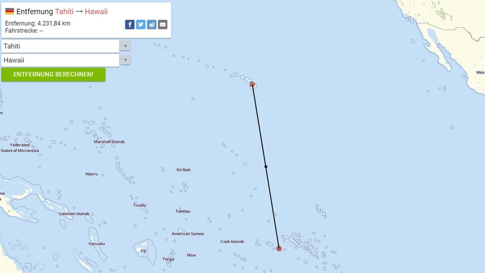 Die Route von Hawaii nach Tahiti (Luftlinie) Die Route von Hawaii nach Tahiti (Luftlinie)