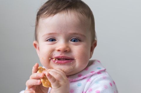 Ein Baby isst einen Kinderkeks.