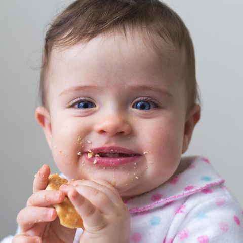 Ein Baby isst einen Kinderkeks.