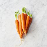 Inzwischen die Möhren waschen, putzen und in 5 cm große Stücke schneiden.  Mit 1 EL Olivenöl in den Schmortopf geben.