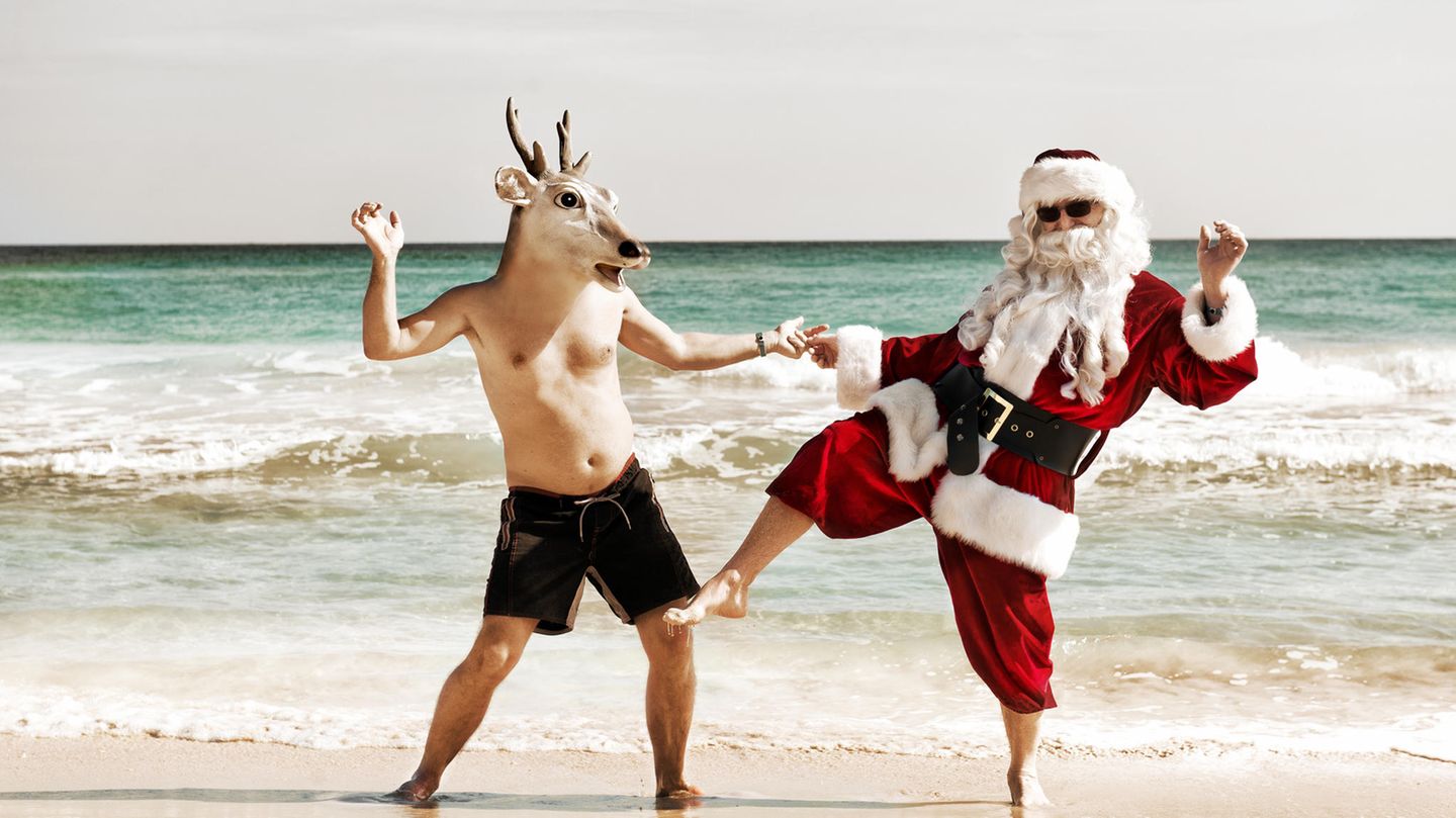 Der Weihnachtsmann macht Party mit einem Rentier-Menschen in Badehose am Strand. Okay, genug Internet für heute.