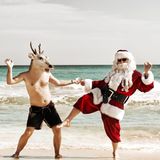 Der Weihnachtsmann macht Party mit einem Rentier-Menschen in Badehose am Strand. Okay, genug Internet für heute.