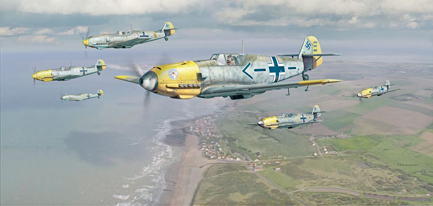 Luftschlacht um England: Eine Gruppe von Messerschmidt Bf 109E fliegt über den Ärmelkanal. Es folgte die erste große Niederlage der deutschen Luftwaffe. 
