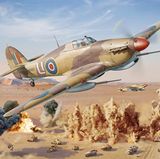Die Hawker Hurricane Mk IID ist als Panzerknacker mit 40-mm-Kanonen ausgerüstet.  Hier greift eine Staffel Truppen des deutschen Afrikakorps an.