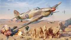 Die Hawker Hurricane Mk IID ist als Panzerknacker mit 40-mm-Kanonen ausgerüstet.  Hier greift eine Staffel Truppen des deutschen Afrikakorps an.