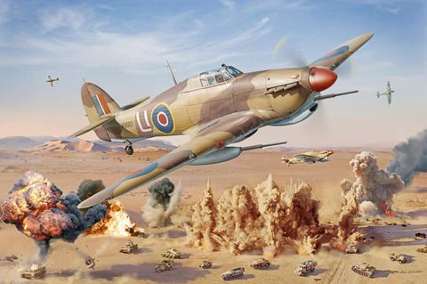 Die Hawker Hurricane Mk IID ist als Panzerknacker mit 40-mm-Kanonen ausgerüstet.  Hier greift eine Staffel Truppen des deutschen Afrikakorps an.