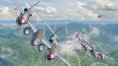 Die zweimotorige P-38 Lightning galt als technisch schwierig zu fliegen. Das Bild zeigt den Moment kurz bevor Tommy McGuire versucht, vor dem Japaner Akira Sugimoto auszubrechen. Wegen der Zusatztanks schmierte seine P-38 bei dem Manöver ab. So möglichte es McGuire seinem Wingman zu entkommen.