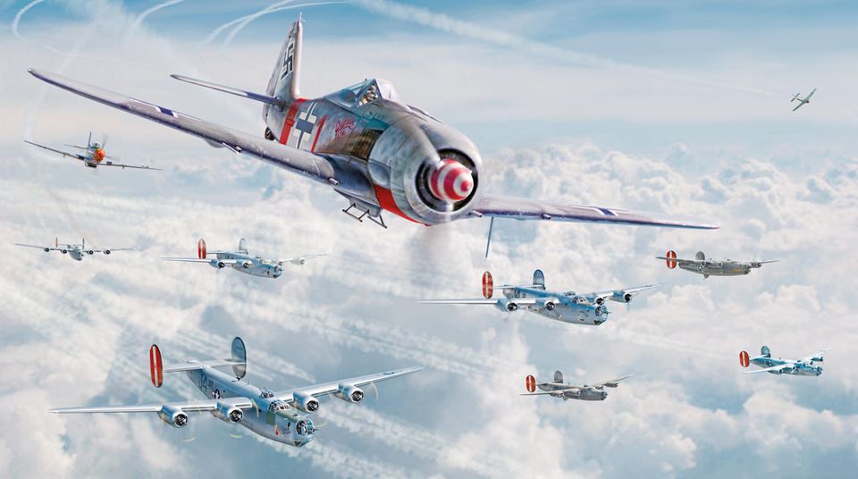 This illustration shows a moment just before a P-51 fired on and shot down the successful fighter Klaus Bretschneider's Fw-190A-8 over Kassel.