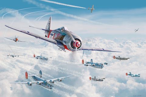 Diese Illustration zeigt einen Moment kurz bevor eine P-51 die Fw-190A-8  des erfolgreichen Jägers Klaus Bretschneiders über Kassel unter Feuer nahm und abschoss.
