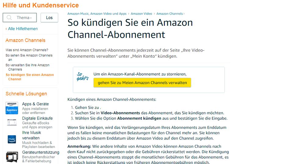 Rätselhaft: Wo kann man die Channels kündigen? Der Link führte nur auf eine Fehlerseite von Amazon.