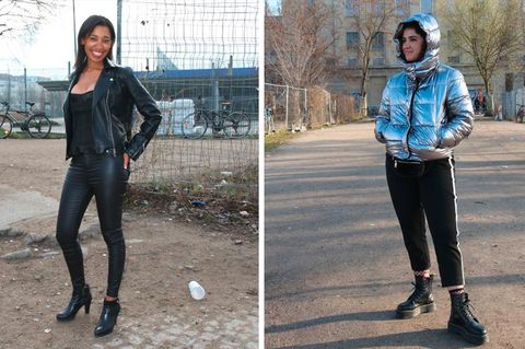 Leder scheint der sicherste Weg, um Einlass zu erlangen. Doch auch der unkonventionelle Raumfahrerlook (rechts), mit robustem Schuhwerk, gelangte steil nach oben (zur Panoramabar im Berghain).