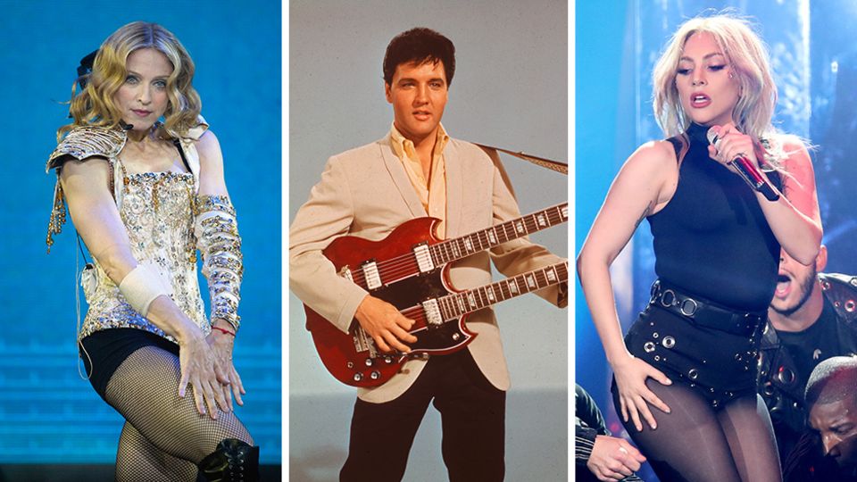 Eine Bilder-Kombo zeigt die Popstars Madonna, Elvis Presley und Lady Gaga nebeneinander