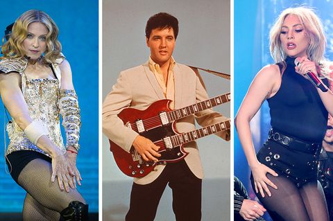 Eine Bilder-Kombo zeigt die Popstars Madonna, Elvis Presley und Lady Gaga nebeneinander