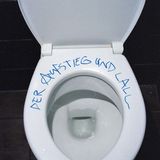 Eine Toilettenbrille mit den Worten "Der Aufstieg und Lall"