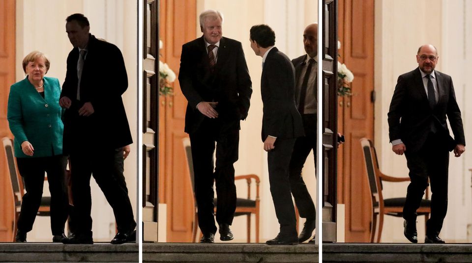 Nach dem Gespräch bei Bundespräsident Steinmeier verlassen Merkel, Seehofer und Schulz Schloss Bellevue einzeln
